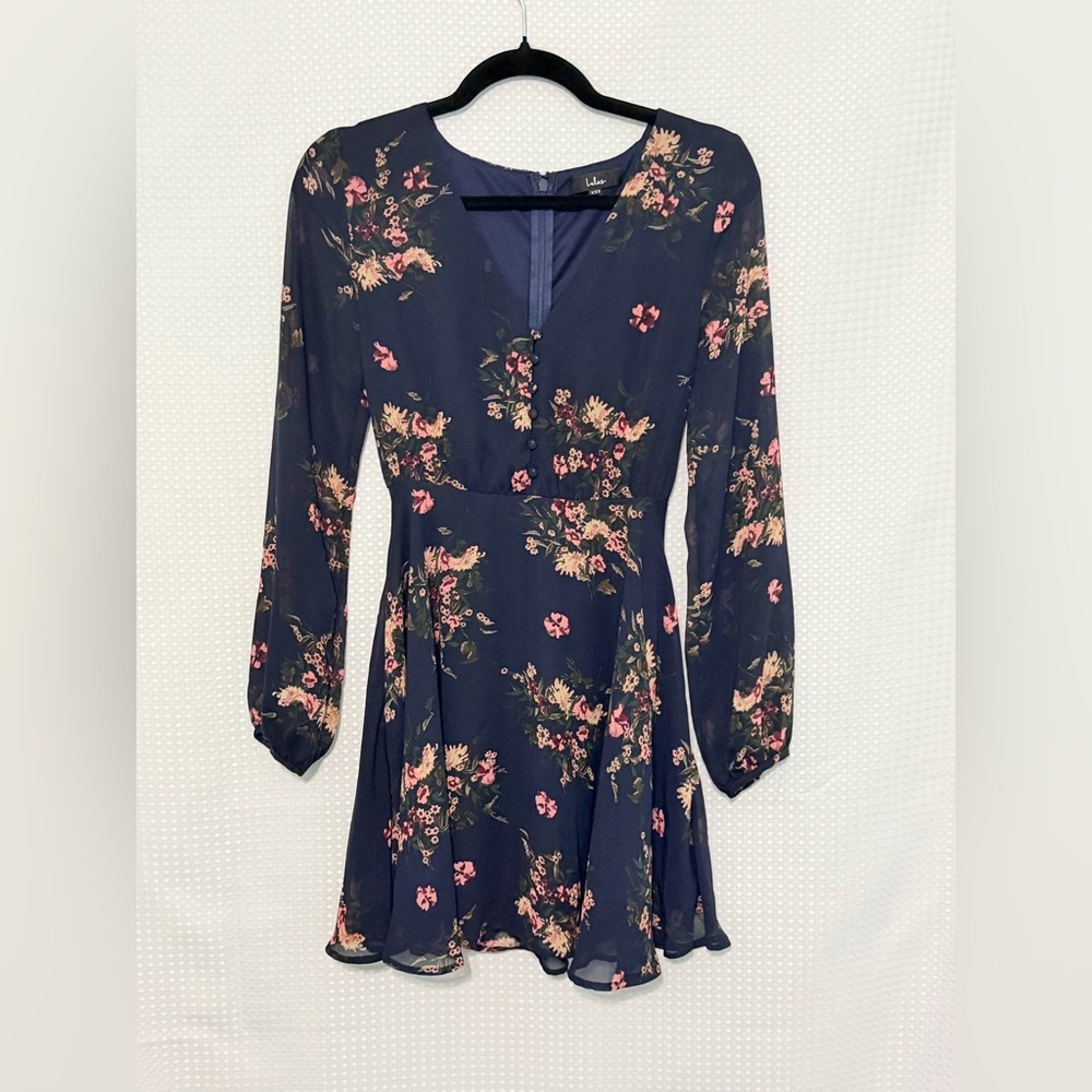 Lulus Always Yours Navy Floral Chiffon Skater Dress Long Sleeve XXS V-Neck Mini - Picture 5 of 7